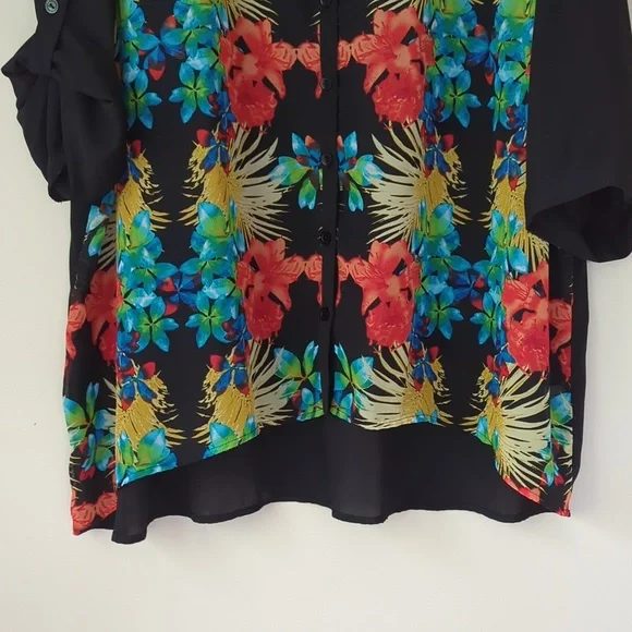 Roz & Ali Floral Sheer Button Down Tropical Blouse Woman 2X Black Blue - Picture 9 of 16